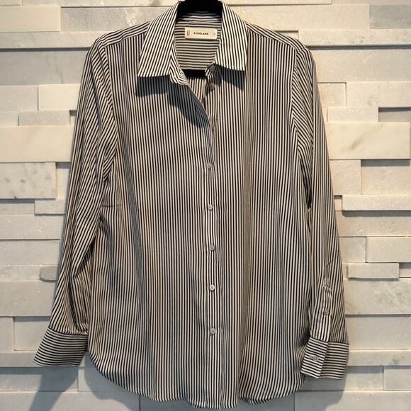 EVERLANE The Must-Have Shirt in 100% Washable Silk Black Micro-stripe 6 Preppy - Picture 3 of 8